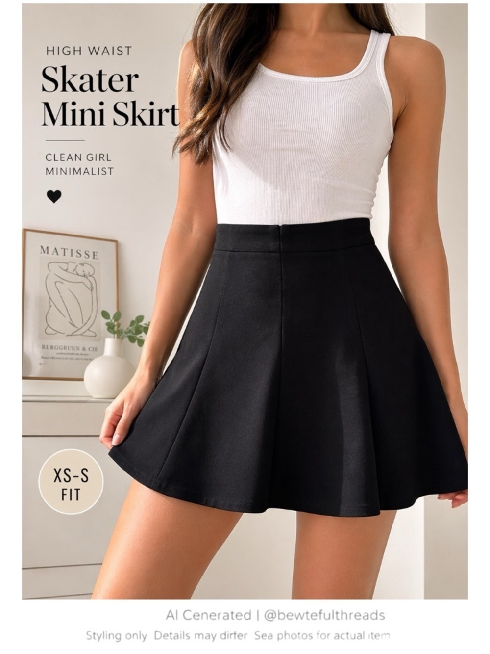 Black High Waist Skater Mini Skirt Flare Clean Girl Minimalist XS S